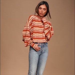 Steph Coral Red Multi Striped Long Sleeve Tee.